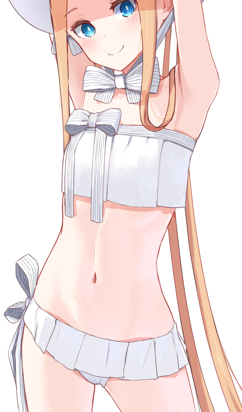 1girl abigail_williams_(fate) abigail_williams_(swimsuit_foreigner)_(fate) absurdres armpits arms_up bangs bare_shoulders bikini blonde_hair blue_eyes blush bonnet bow breasts closed_mouth fate/grand_order fate_(series) forehead highres kopaka_(karda_nui) long_hair looking_at_viewer microskirt navel parted_bangs sidelocks simple_background skirt small_breasts smile swimsuit twintails very_long_hair white_background white_bikini white_bow white_headwear