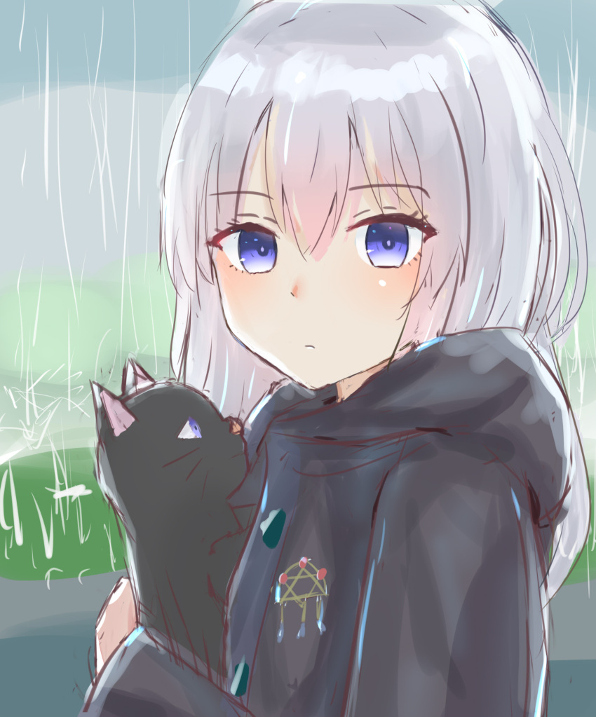 bad_id bad_pixiv_id black_cat blue_eyes brooch cat elaina_(majo_no_tabitabi) eyebrows_visible_through_hair highres hood ishiki jewelry looking_at_viewer majo_no_tabitabi rain simple_background white_hair