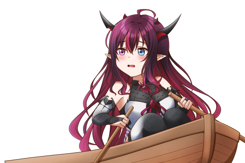 1girl absurdres black_legwear blue_eyes heterochromia highres holding holding_oar hololive hololive_english horns irys_(hololive) jan_azure long_hair looking_away oar parted_lips pointy_ears redhead rowboat sitting solo thigh-highs transparent_background violet_eyes virtual_youtuber