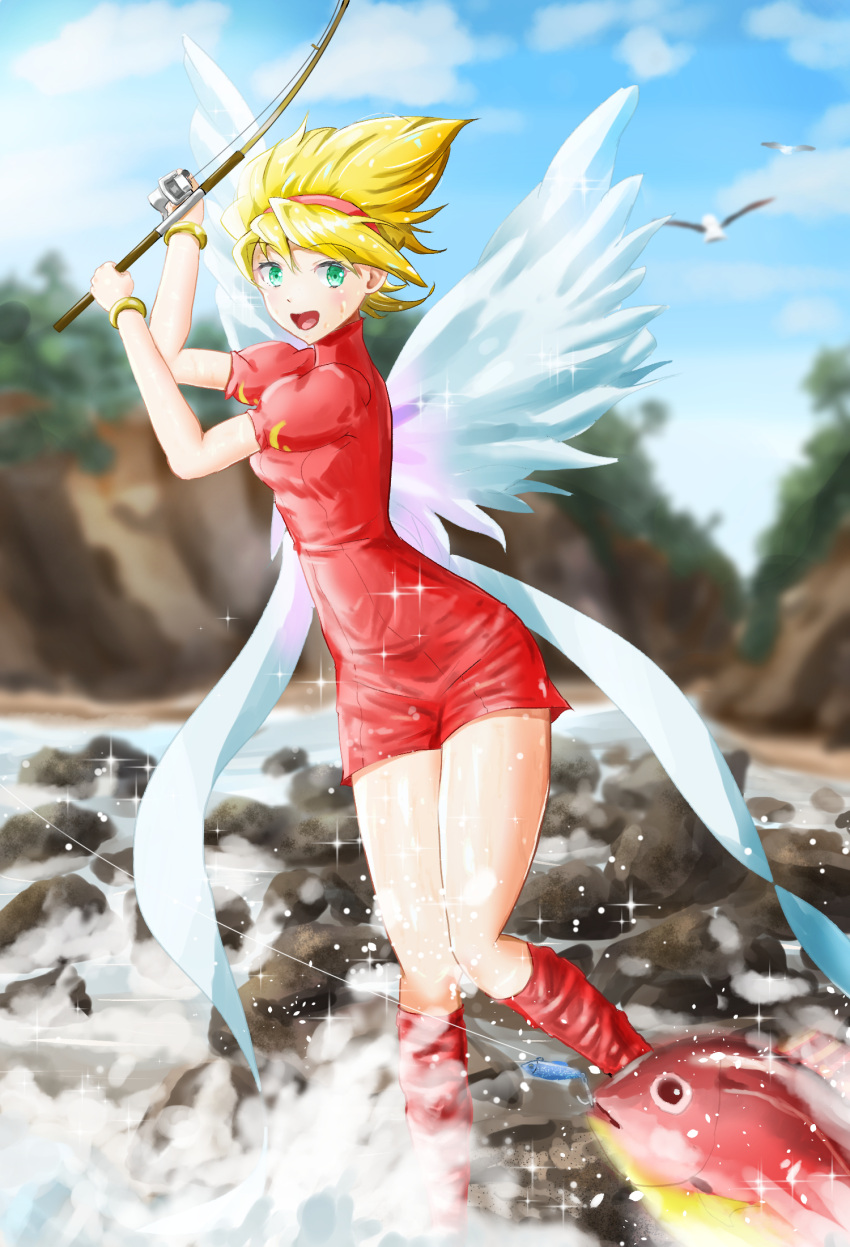 1girl angel_wings bird blonde_hair boots breasts breath_of_fire breath_of_fire_iii clouds dress fish fishing full_body green_eyes hairband highres jewelry looking_at_viewer nina_(breath_of_fire_iii) open_mouth puffy_sleeves seagull short_hair smile solo white_wings wings witch_f