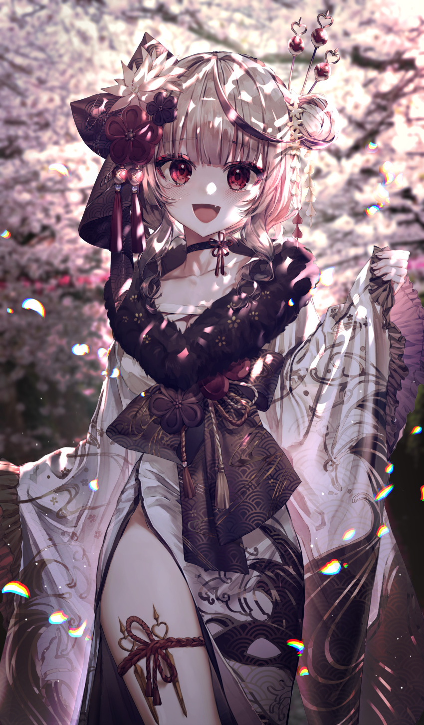1girl :d absurdres bangs black_choker black_hair blush choker commentary cowboy_shot eyebrows_visible_through_hair fang findel flower fur_collar hair_bun hair_flower hair_ornament hair_ribbon hair_stick highres hololive japanese_clothes kimono long_sleeves looking_at_viewer outdoors red_eyes ribbon sakamata_chloe silver_hair smile solo standing symbol-only_commentary thigh_strap virtual_youtuber white_kimono wide_sleeves