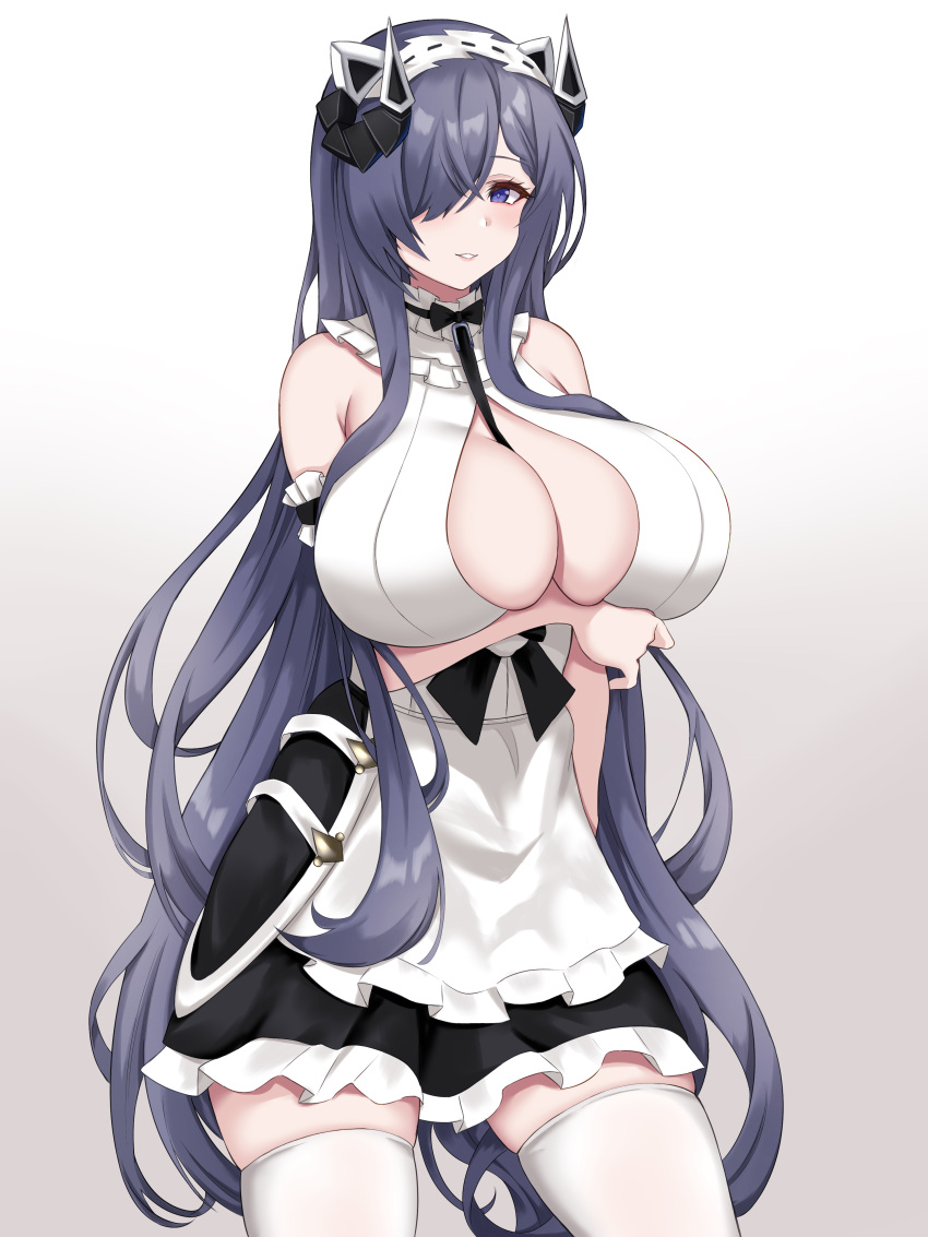1girl absurdres apron arm_under_breasts august_von_parseval_(azur_lane) august_von_parseval_(the_conquered_unhulde)_(azur_lane) azur_lane bare_shoulders between_breasts black_dress breasts center_opening comotaro cross-laced_dress curled_horns dress hair_over_one_eye highres horns huge_breasts long_hair looking_at_viewer mechanical_horns official_alternate_costume one_eye_covered purple_hair simple_background skindentation solo strap_between_breasts thigh-highs very_long_hair violet_eyes white_apron white_dress white_legwear zettai_ryouiki