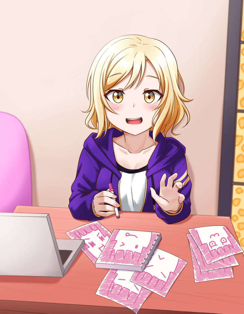 1girl absurdres bangs birthday blonde_hair blush collarbone computer drawing english_text eyebrows_visible_through_hair hair_down highres jacket jan_azure laptop looking_at_viewer love_live! love_live!_nijigasaki_high_school_idol_club love_live!_school_idol_festival_all_stars marker miyashita_ai purple_jacket shiny shiny_hair sidelocks sketchbook solo table yellow_eyes