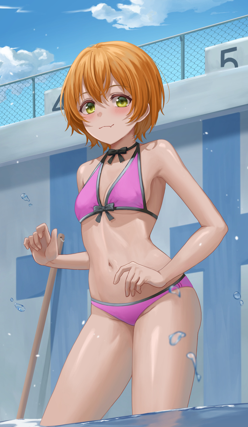 1girl absurdres bare_arms bare_shoulders bikini black_bow black_bowtie black_choker blue_sky bow bowtie breasts chain-link_fence choker closed_mouth contrapposto cowboy_shot day fang fang_out fence front-tie_bikini front-tie_top green_eyes halterneck highres hoshizora_rin looking_at_viewer love_live! love_live!_school_idol_project navel orange_hair outdoors pink_bikini pool ribbon_choker short_hair skin_fang sky small_breasts smile solo standing stomach swimsuit thigh-highs thighs under_boob wading water yj