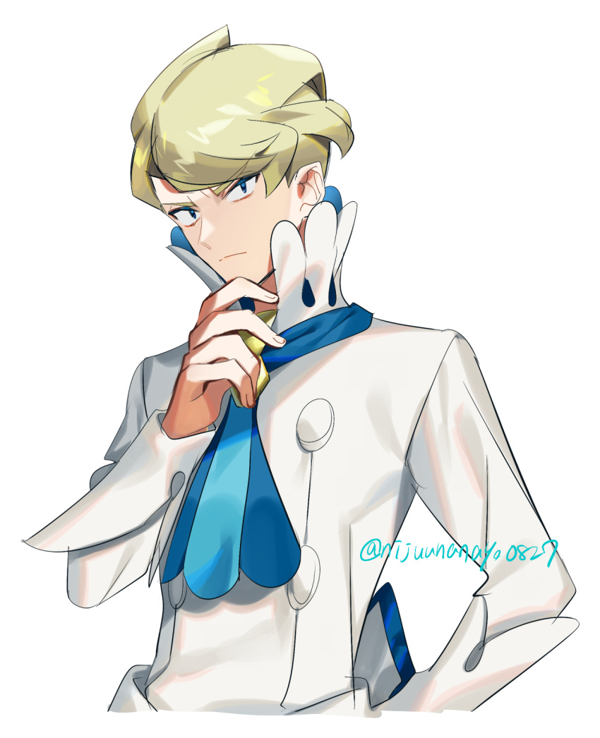 1boy ascot bangs blonde_hair blue_ascot blue_eyes closed_mouth commentary_request frown hand_up high_collar highres looking_at_viewer male_focus miyukiyo pokemon pokemon_(game) pokemon_xy shirt short_hair siebold_(pokemon) simple_background solo upper_body white_background white_shirt