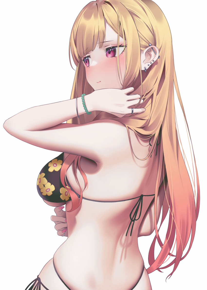 1girl back bangs bead_bracelet beads bikini black_bikini blonde_hair blush bracelet breasts closed_mouth colored_tips commentary ear_piercing earrings eyebrows_visible_through_hair fake_nails floral_print from_behind gradient_hair gyaru halterneck highres jewelry kitagawa_marin looking_to_the_side medium_breasts multi-strapped_bikini multicolored_hair piercing pink_hair pink_nails raised_eyebrows red_eyes revision ring shadow shy side-tie_bikini sideboob simple_background skindentation solo sono_bisque_doll_wa_koi_wo_suru straight_hair string_bikini swimsuit upper_body white_background yaye