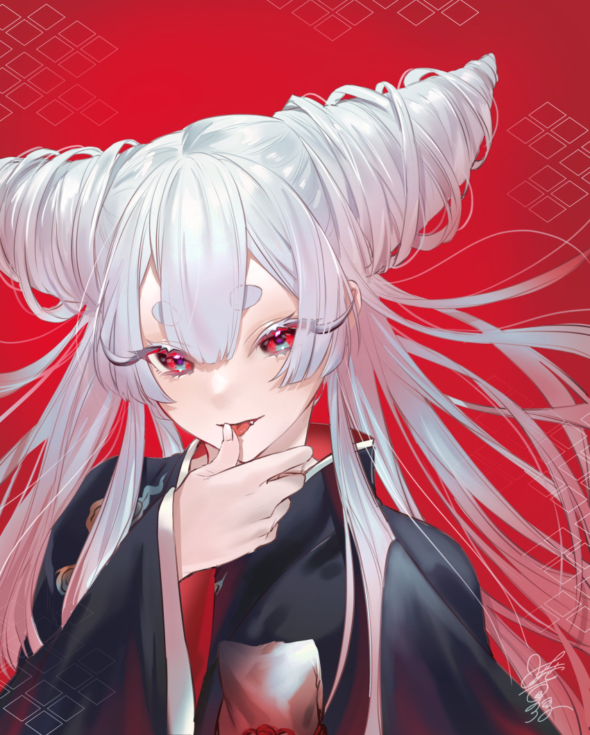 1girl absurdres ayashimon bangs black_kimono blue_eyes drill_hair eyelashes flame_print floating_hair hair_between_eyes hair_horns highres hikimayu himari_(_h_i8) horns japanese_clothes kimono licking licking_finger long_eyelashes long_hair long_sleeves looking_at_viewer multicolored_eyes parted_bangs red_background red_eyes signature simple_background solo upper_body urara_(ayashimon) white_hair wide_sleeves