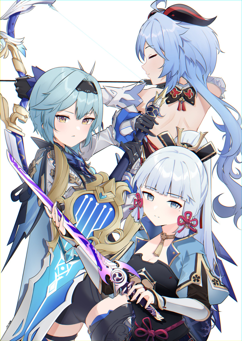 3girls absurdres ahoge armor back bare_shoulders black_gloves black_legwear blue_eyes blue_hair bow_(weapon) breastplate cape claymore_(sword) closed_eyes detached_sleeves drawing_bow eula_(genshin_impact) ganyu_(genshin_impact) genshin_impact gloves goat_horns hair_ornament hairband highres holding holding_bow_(weapon) holding_sword holding_weapon horns kamisato_ayaka long_hair long_sleeves looking_at_viewer mole mole_under_eye multiple_girls ponytail steeb sword thigh-highs weapon white_hair yellow_eyes