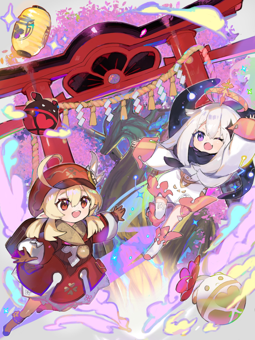 2girls :d absurdres ahoge atsumi_jun big_hair blonde_hair boots brown_gloves cabbie_hat child coat fang genshin_impact gloves hat highres klee_(genshin_impact) lantern long_sleeves multiple_girls one_eye_closed open_mouth outstretched_arms paimon_(genshin_impact) paper_lantern red_coat red_eyes red_headwear skin_fang smile spread_arms tassel torii violet_eyes white_footwear white_hair