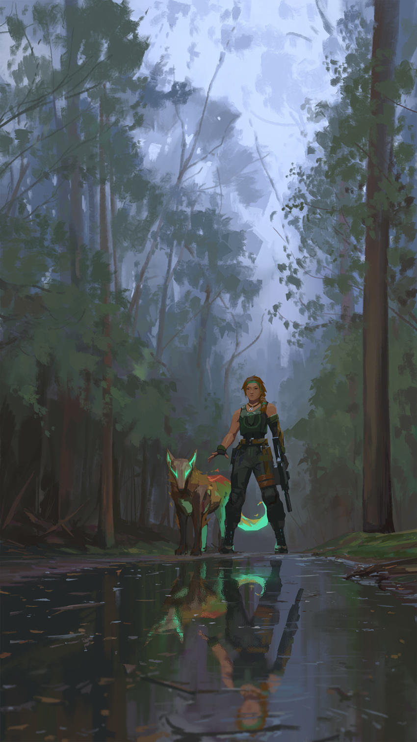 1girl assault_rifle bare_shoulders black_footwear boots closed_mouth clouds cloudy_sky dirt dog_tags english_commentary fingerless_gloves forest full_body gloves glowing green_eyes green_shirt gun headband highres holding holding_gun holding_weapon legs_apart nature orange_hair painting reflection reflective_water rifle scenery shirt sketch sky skye_(valorant) snatti solo standing thigh_strap tree valorant weapon wolf wristband