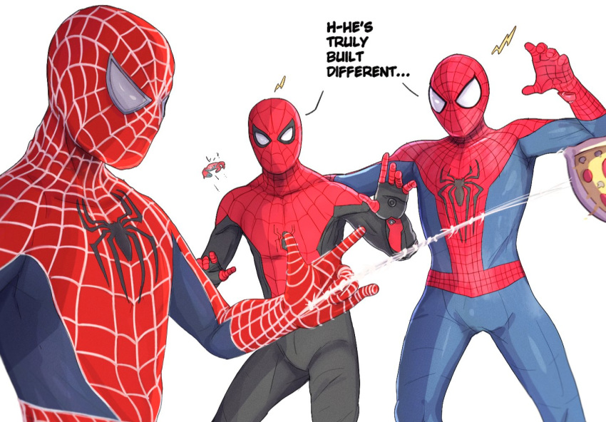 3boys bodysuit crab crossover english_commentary english_text food marvel marvel_cinematic_universe multicolored_clothes multiple_boys pizza pizza_slice silk spider-man spider-man:_far_from_home spider-man_(series) spider-man_1_(2002) spider_web spider_web_print stormyorha superhero surprised the_amazing_spider-man white_background white_eyes