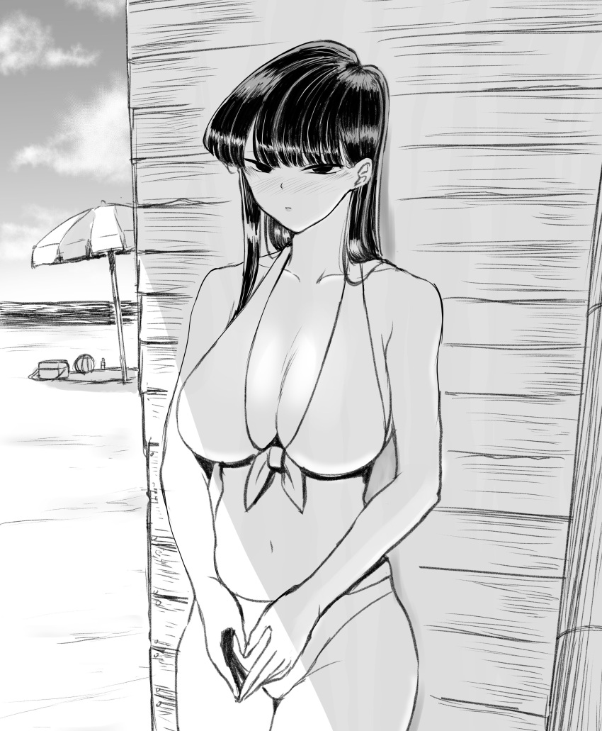 1girl absurdres against_wall bangs beach beach_umbrella bikini black_eyes blush breasts ear_blush front-tie_bikini front-tie_top greyscale guhanshounen highres komi-san_wa_komyushou_desu komi_shouko large_breasts long_hair looking_at_viewer monochrome navel nose_blush ocean own_hands_together solo standing swimsuit umbrella