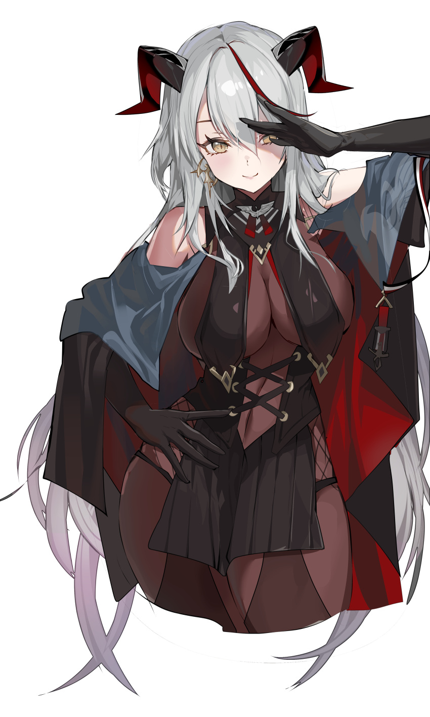 1girl a_(sofi3103) absurdres aegir_(azur_lane) azur_lane bare_shoulders black_cape black_gloves black_skirt bodystocking breast_curtains cape cowboy_shot cross cross-laced_clothes cross_earrings demon_horns earrings elbow_gloves gloves hair_between_eyes highres horns impossible_clothes jewelry microskirt multicolored_hair redhead simple_background skirt solo streaked_hair two-tone_hair underbust white_background white_hair yellow_eyes