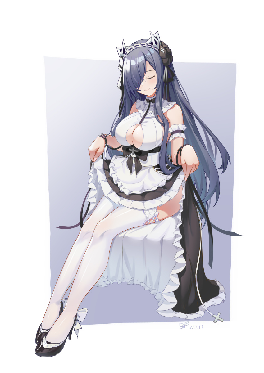 1girl absurdres apron august_von_parseval_(azur_lane) august_von_parseval_(the_conquered_unhulde)_(azur_lane) azur_lane black_dress black_footwear breasts center_opening closed_eyes curled_horns dress full_body high_heels highres horns lace-trimmed_legwear lace_trim large_breasts long_dress long_hair maid mechanical_horns official_alternate_costume one_eye_covered ping_zhong_yu purple_background purple_hair simple_background sitting sleeveless sleeveless_dress solo thigh-highs two-tone_background two-tone_dress very_long_hair white_apron white_background white_dress white_legwear