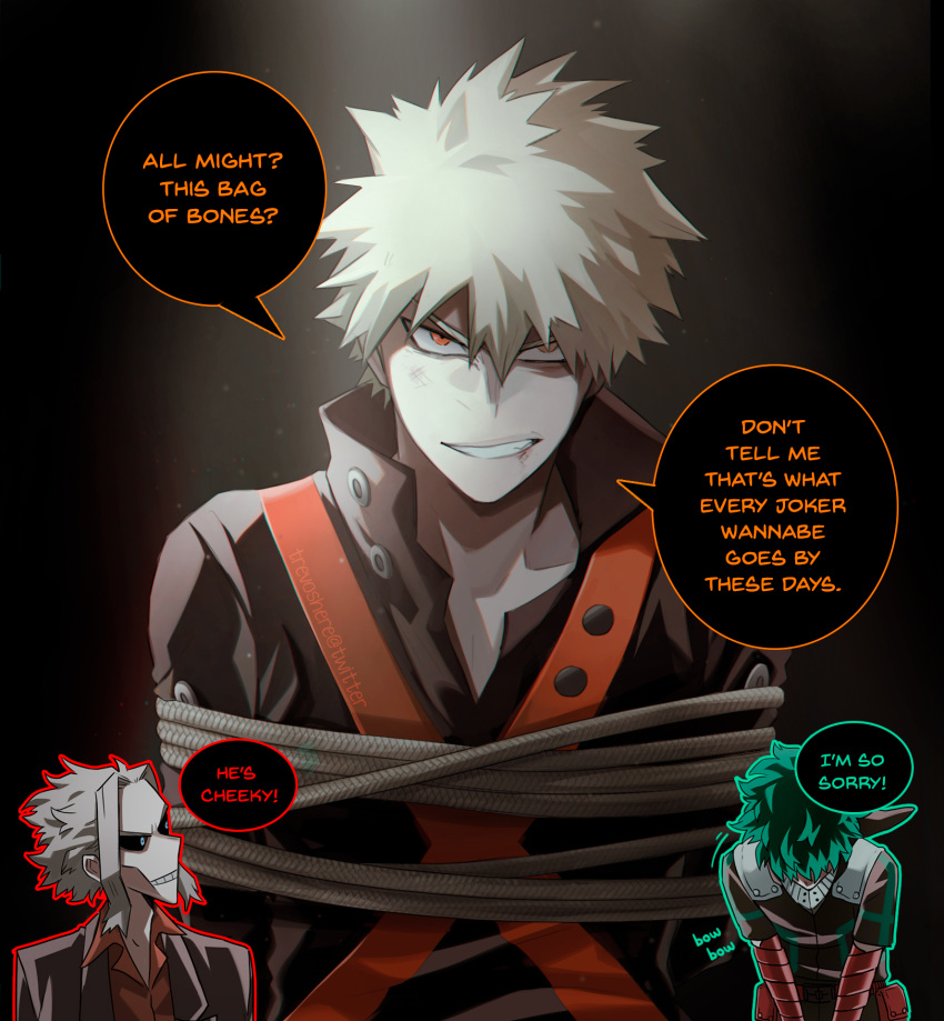 3boys bakugou_katsuki bangs black_background black_hair black_jacket black_sclera black_shirt blonde_hair blue_eyes boku_no_hero_academia bound bowing brown_background colored_sclera english_commentary english_text gloves green_hair grey_hair grin hair_between_eyes highres jacket midoriya_izuku multiple_boys orange_eyes parted_bangs pouch red_gloves red_shirt rope shirt short_hair sitting smile speech_bubble teeth tied_up_(nonsexual) trevo_(trevoshere) upper_body yagi_toshinori