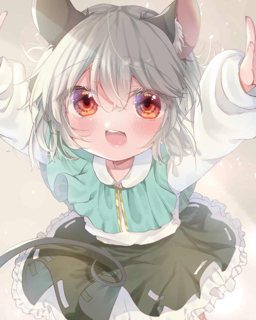 1girl :d \o/ absurdres animal_ear_fluff animal_ears arms_up ashino_chimado bangs black_skirt blue_capelet blush capelet eyebrows_visible_through_hair flat_chest from_above gold_trim grey_background grey_hair hair_between_eyes highres light_particles long_sleeves looking_at_viewer mouse_ears mouse_tail nazrin outstretched_arms petticoat puffy_long_sleeves puffy_sleeves red_eyes round_teeth short_hair sidelighting simple_background skirt smile solo tail teeth touhou upper_teeth
