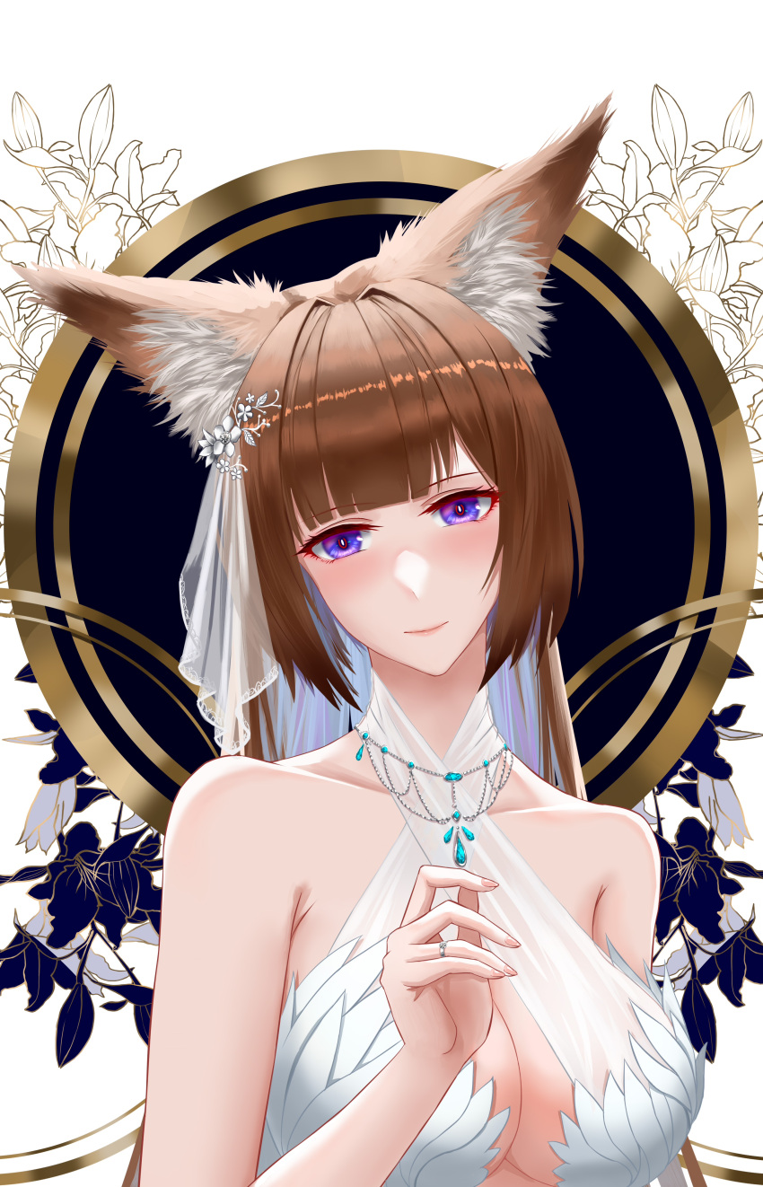 1girl absurdres amagi_(azur_lane) animal_ear_fluff azur_lane brown_hair center_opening cocktail_dress criss-cross_halter dress evening_gown frozen-sad halterneck highres jewelry long_hair looking_at_viewer necklace simple_background sleeveless sleeveless_dress solo upper_body violet_eyes white_background white_dress