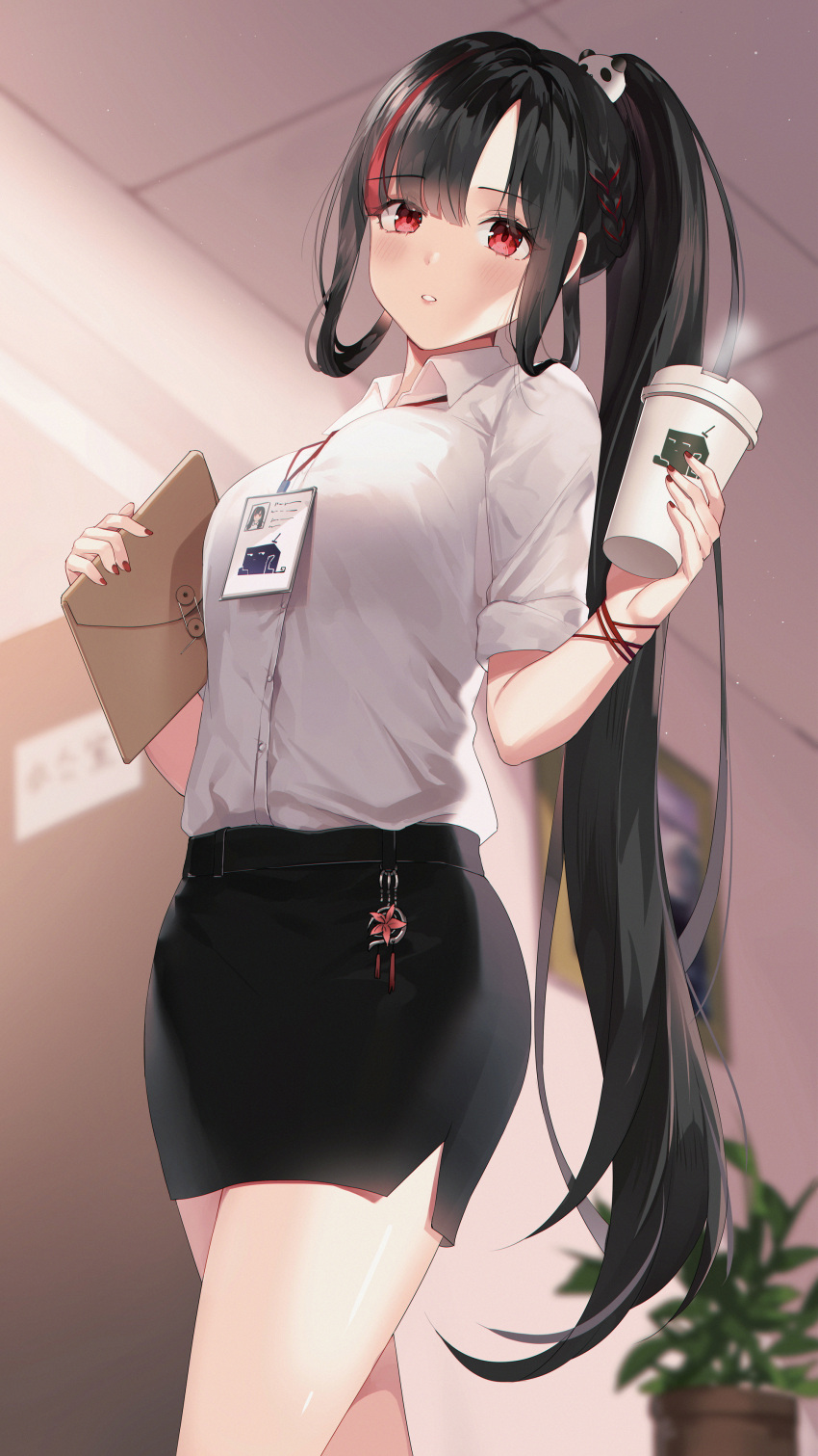1girl absurdres black_hair black_skirt breasts cup disposable_cup hair_rings highres holding hum_(ten_ten) id_card long_hair looking_at_viewer lucia_(punishing:_gray_raven) medium_breasts multicolored_hair office_lady parted_lips pencil_skirt ponytail punishing:_gray_raven red_eyes shirt shirt_tucked_in short_sleeves sidelocks skirt solo standing streaked_hair very_long_hair white_shirt