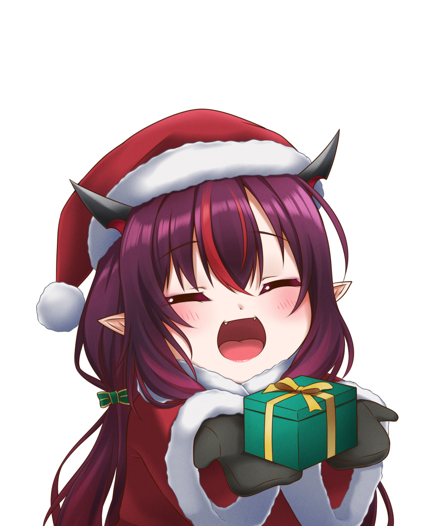 1girl black_gloves blush box closed_eyes eyebrows_visible_through_hair facing_viewer fangs gift gift_box gloves hat highres holding holding_gift hololive hololive_english horns irys_(hololive) jan_azure lips long_hair long_sleeves open_mouth pointy_ears red_headwear redhead santa_costume santa_hat smile solo virtual_youtuber