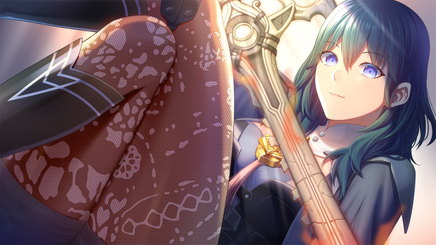 1girl bangs black_coat black_shorts blue_eyes blue_hair breasts byleth_(fire_emblem) byleth_eisner_(female) capelet closed_mouth coat commentary_request crossed_legs eyebrows_visible_through_hair fire_emblem fire_emblem:_three_houses glowing glowing_sword glowing_weapon highres lace-trimmed_legwear lace_trim large_breasts light_smile looking_at_viewer medium_hair minamo25 pantyhose shorts solo sword_of_the_creator weapon