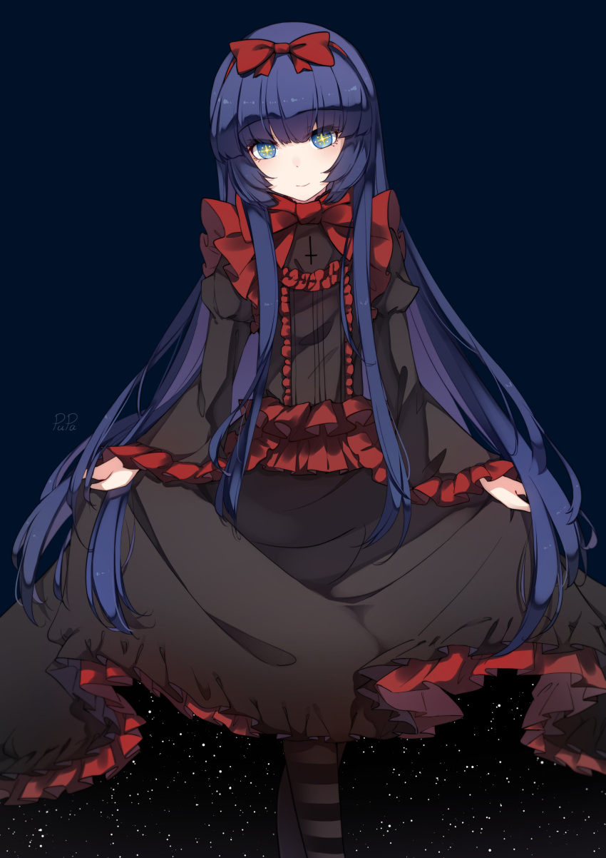 +_+ 1girl absurdres artist_name bangs black_dress black_souls blue_background blue_hair bow bow_hairband center_frills chinese_commentary closed_mouth clothes_lift cross crossed_legs dress dress_lift eyebrows_visible_through_hair eyes_visible_through_hair frilled_dress frilled_sleeves frills hairband highres inverted_cross juliet_sleeves lifted_by_self light_blue_eyes lolita_fashion long_hair long_sleeves looking_at_viewer mabel_(black_souls) multicolored_pupils puffy_sleeves pupa_jiang red_bow red_hairband sidelocks smile solo space star-shaped_pupils star_(sky) starry_clothing striped striped_legwear very_long_hair watson_cross white_pupils wide_sleeves yellow_pupils