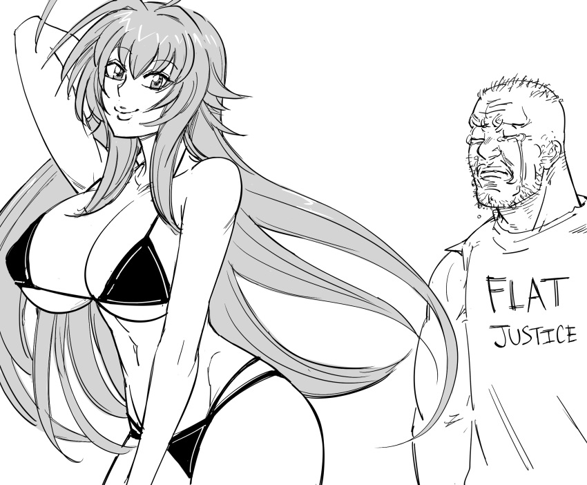 1boy 1girl bb_(baalbuddy) beard biceps bikini breasts closed_eyes closed_mouth commentary coomer english_commentary facial_hair greyscale hand_up high_school_dxd highres huge_breasts long_hair looking_at_viewer meme monochrome muscular muscular_male navel rias_gremory shirt simple_background smile swimsuit tears very_long_hair white_background