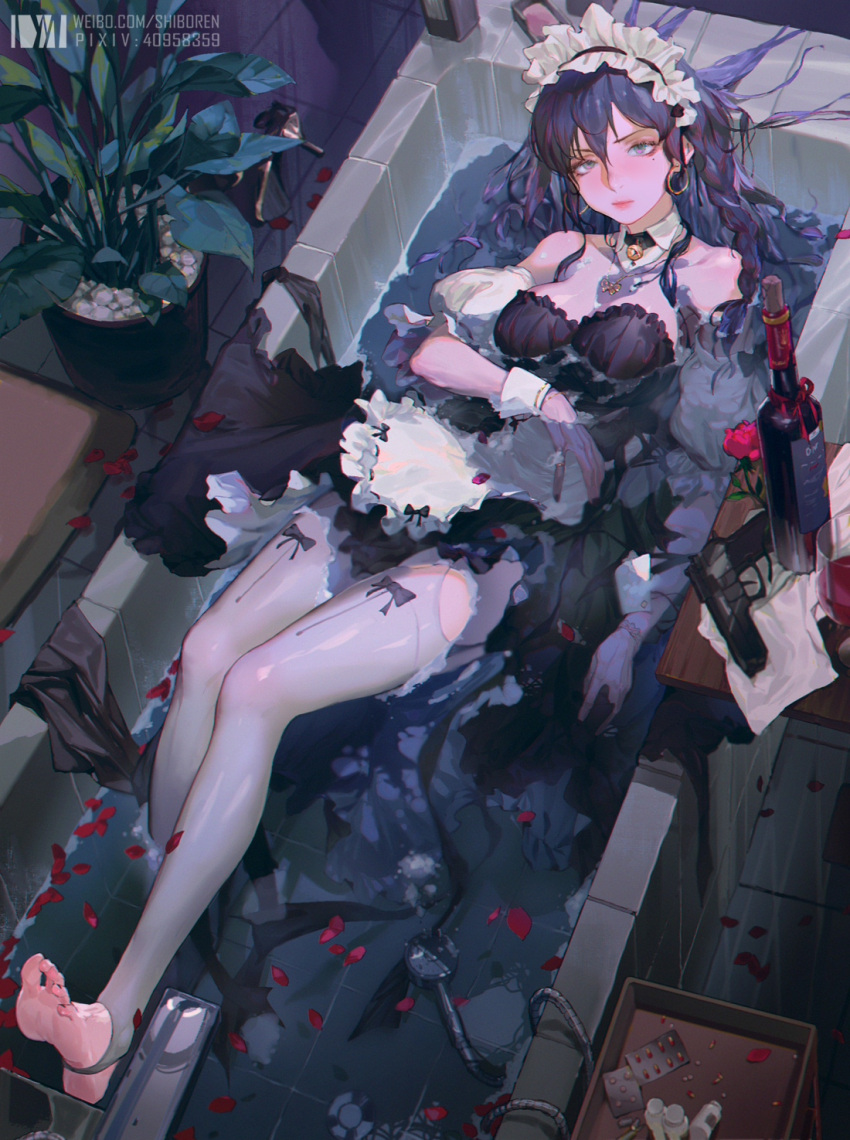 1girl apron bangs bathtub bell black_bow black_dress bottle bow breasts closed_mouth detached_collar detached_sleeves dm_(dai_miao) dress earrings feet flower frilled_hairband frills from_above full_body gun hair_between_eyes hairband handgun highres hoop_earrings indoors jewelry jingle_bell long_hair looking_at_viewer maid medium_breasts mole mole_under_eye neck_bell no_shoes original pantyhose partially_submerged petals petals_on_liquid pistol plant potted_plant puffy_short_sleeves puffy_sleeves red_flower short_sleeves solo stirrup_legwear toeless_legwear toes water weapon white_apron white_legwear wrist_cuffs