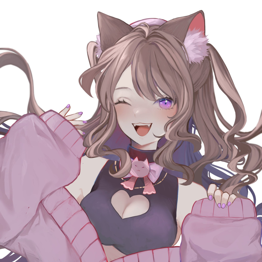 1girl animal_ear_fluff animal_ears bangs beret blush bow breasts brown_hair cat_ears cat_girl clothing_cutout crop_top english_commentary eyebrows_behind_hair fangs floating_hair hat heart_cutout highres indie_virtual_youtuber koganekomugi leaning_to_the_side long_hair medium_breasts open_mouth portrait purple_bow purple_headwear shimotsuki_miri sleeves_past_wrists solo two_side_up virtual_youtuber white_background