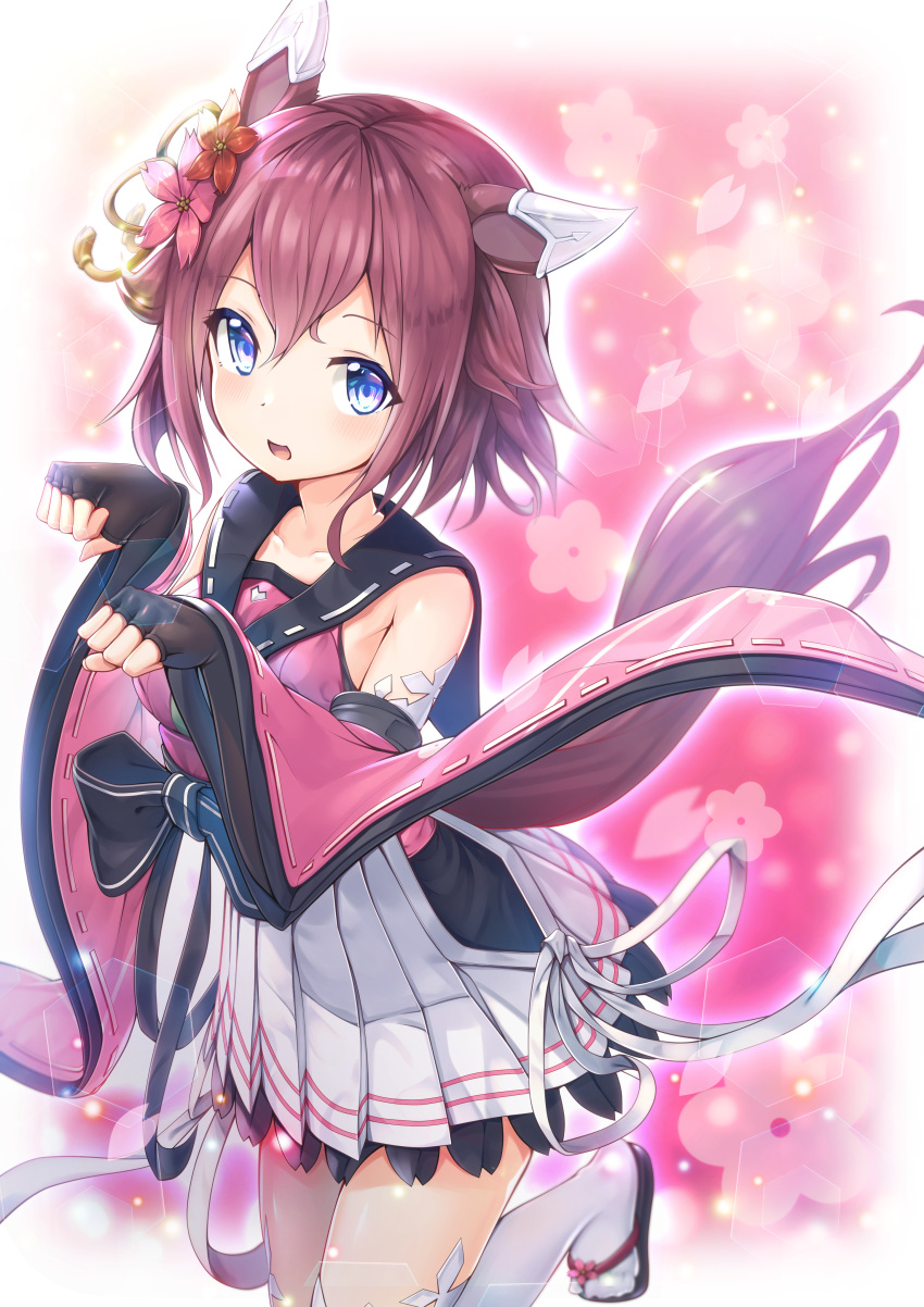 1girl absurdres animal_ears blue_eyes blush cherry_blossoms commentary_request detached_sleeves fingerless_gloves flower gloves hair_between_eyes hair_flower hair_ornament hazakura_shoha highres horse_ears horse_girl horse_tail looking_at_viewer open_mouth paw_pose pink_hair sakura_chiyono_o_(umamusume) solo tail thigh-highs umamusume