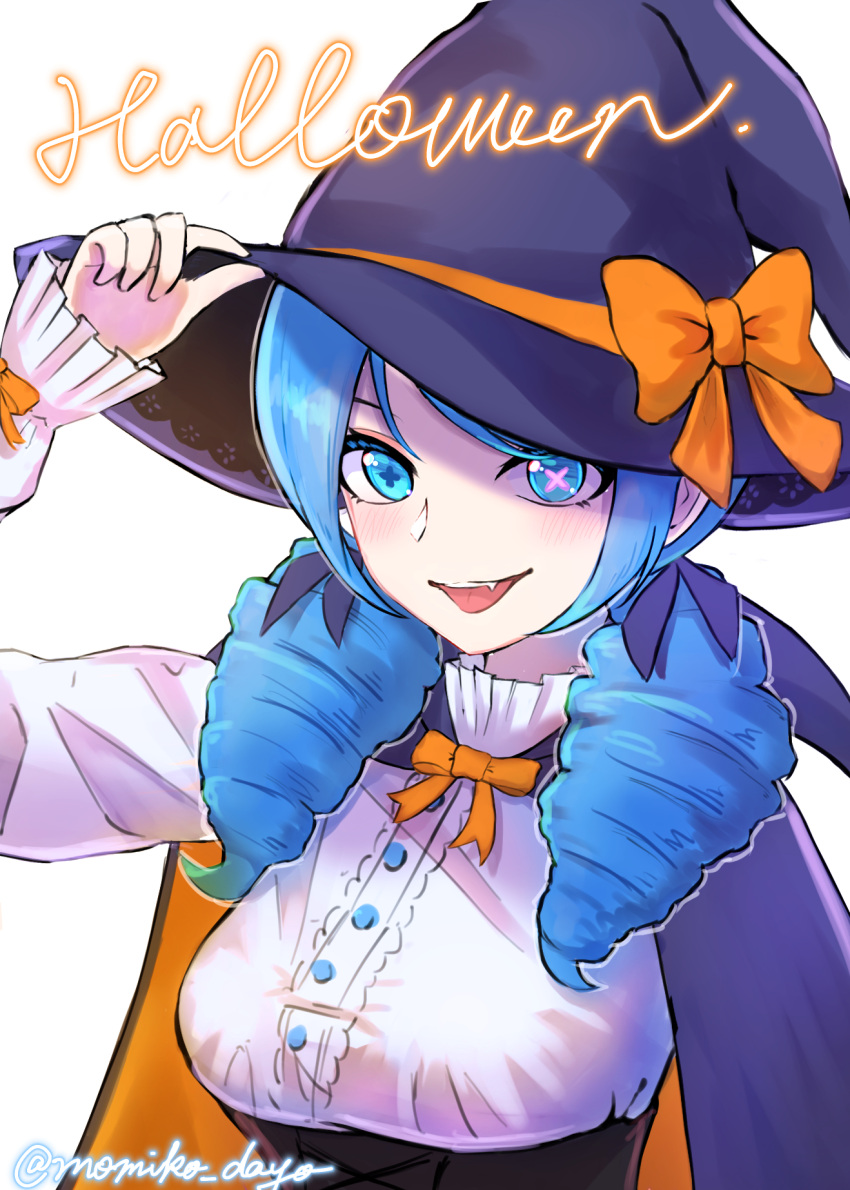 1girl :d alternate_costume artist_name bangs black_headwear blue_eyes blue_hair bow breasts dress_shirt drill_hair fang gwen_(league_of_legends) hair_ribbon halloween hand_up hat hat_bow highres large_breasts league_of_legends long_hair momikodayo orange_bow purple_ribbon ribbon shirt smile solo teeth twin_drills twintails upper_body upper_teeth white_shirt witch_hat