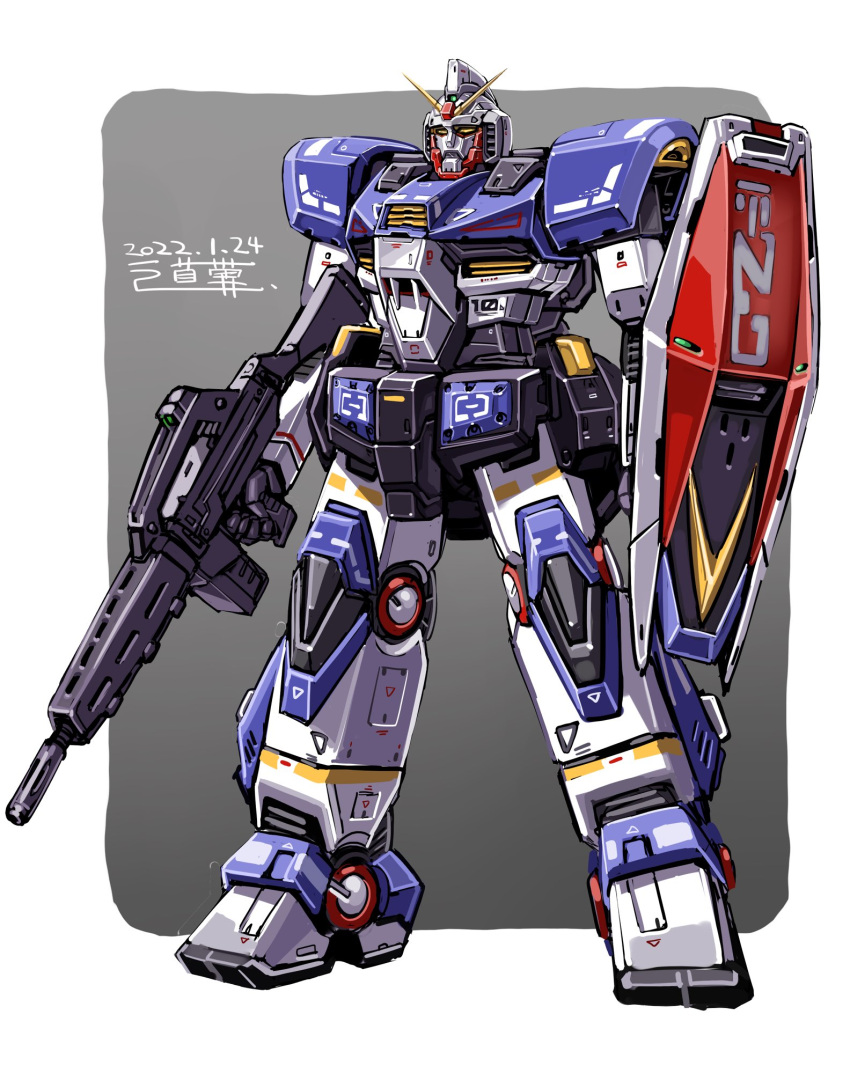 battle_suit_somuro border dated grey_background gun highres holding holding_gun holding_shield holding_weapon mecha michi_kuso no_humans science_fiction shield solo standing the_animage v-fin weapon white_border yellow_eyes