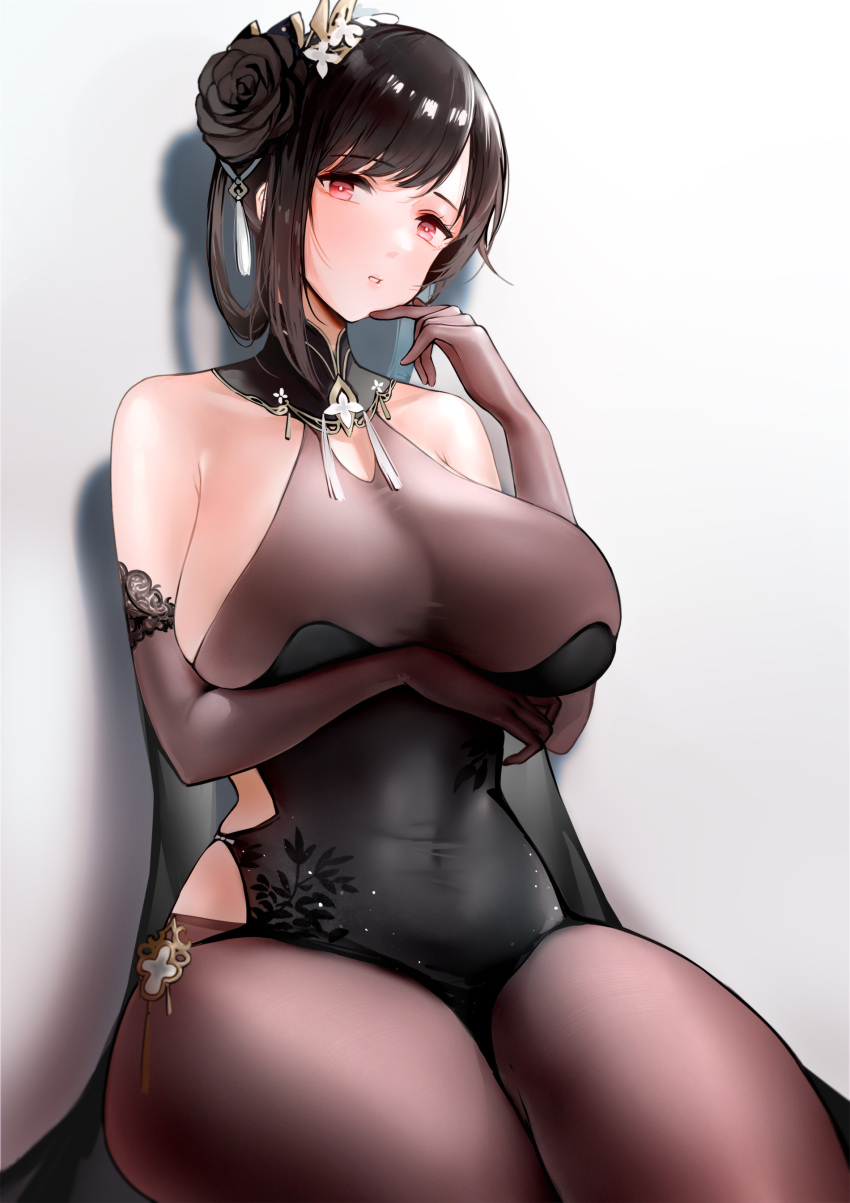 1girl absurdres arm_under_breasts azur_lane bangs bare_shoulders black_dress black_flower black_gloves black_hair black_legwear breast_hold breasts cl_(summer_sama) commentary_request covered_navel crossed_legs dress elbow_gloves eyebrows_visible_through_hair flower gloves hair_flower hair_ornament hand_up highres huge_breasts looking_at_viewer official_alternate_costume pantyhose parted_lips red_eyes see-through_dress sitting solo taut_clothes taut_dress thighs zhenhai_(azur_lane)