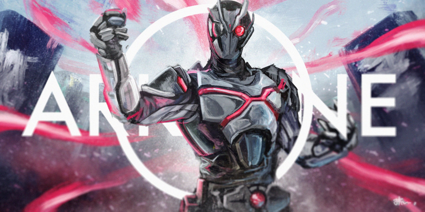 1boy antennae armor belt black_bodysuit black_eyes bodysuit character_name cowboy_shot driver english_text gauntlets glowing glowing_eye highres horizon kamen_rider kamen_rider_01_(series) kamen_rider_ark-one male_focus mask outstretched_arms red_eyes rider_belt solo spread_arms water white_armor yygnzm