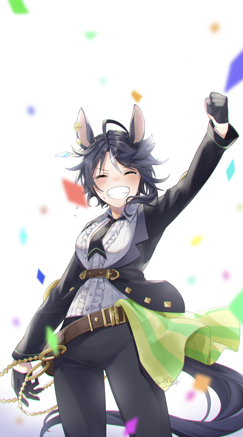 1girl absurdres ahoge animal_ears arm_up belt black_gloves black_hair black_jacket black_legwear black_necktie blush breasts center_frills chromatic_aberration closed_eyes collared_shirt confetti ear_piercing frills fuji_kiseki_(umamusume) gloves grin half_gloves highres horse_ears horse_girl horse_tail isobee jacket long_sleeves medium_breasts medium_hair multicolored_hair necktie open_clothes open_shirt partially_unbuttoned piercing shirt signature simple_background smile solo standing streaked_hair tail tearing_up tears teeth umamusume v-shaped_eyebrows white_background white_shirt