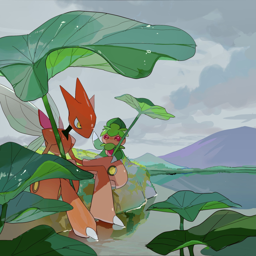 clouds cloudy_sky day fomantis highres holding holding_leaf leaf mountain no_humans outdoors pokemon pokemon_(creature) reflection scizor sitting sky two_pokemon water water_drop wet yellow_eyes