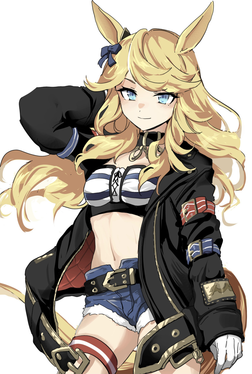 1girl absurdres animal_ears arm_up bandeau bangs belt black_coat blonde_hair blue_eyes blue_shorts bow breasts closed_mouth coat collar cowboy_shot gloves gold_city_(umamusume) hair_bow highres horse_ears horse_girl horse_tail iris_league long_hair long_sleeves looking_at_viewer midriff navel open_clothes open_coat short_shorts shorts simple_background small_breasts smile solo tail thigh_strap umamusume white_background white_gloves