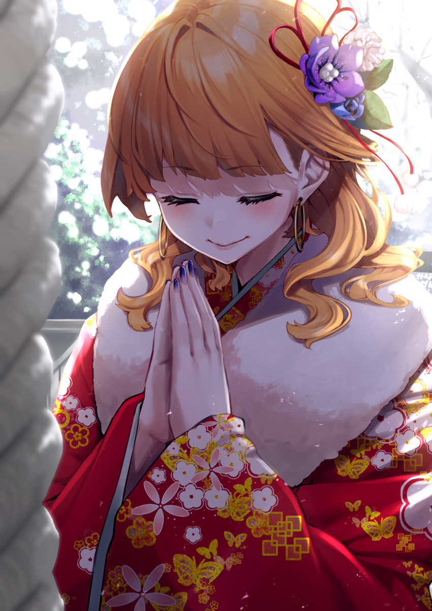 1girl absurdres bangs blue_nails blunt_bangs blurry blurry_foreground blush closed_eyes closed_mouth day eyebrows_visible_through_hair floral_print flower furisode hair_flower hair_ornament hair_ribbon highres japanese_clothes kimono long_hair long_sleeves mikan_(chipstar182) nail_polish orange_hair original outdoors print_kimono purple_flower red_kimono red_ribbon ribbon shiny shiny_hair smile solo upper_body