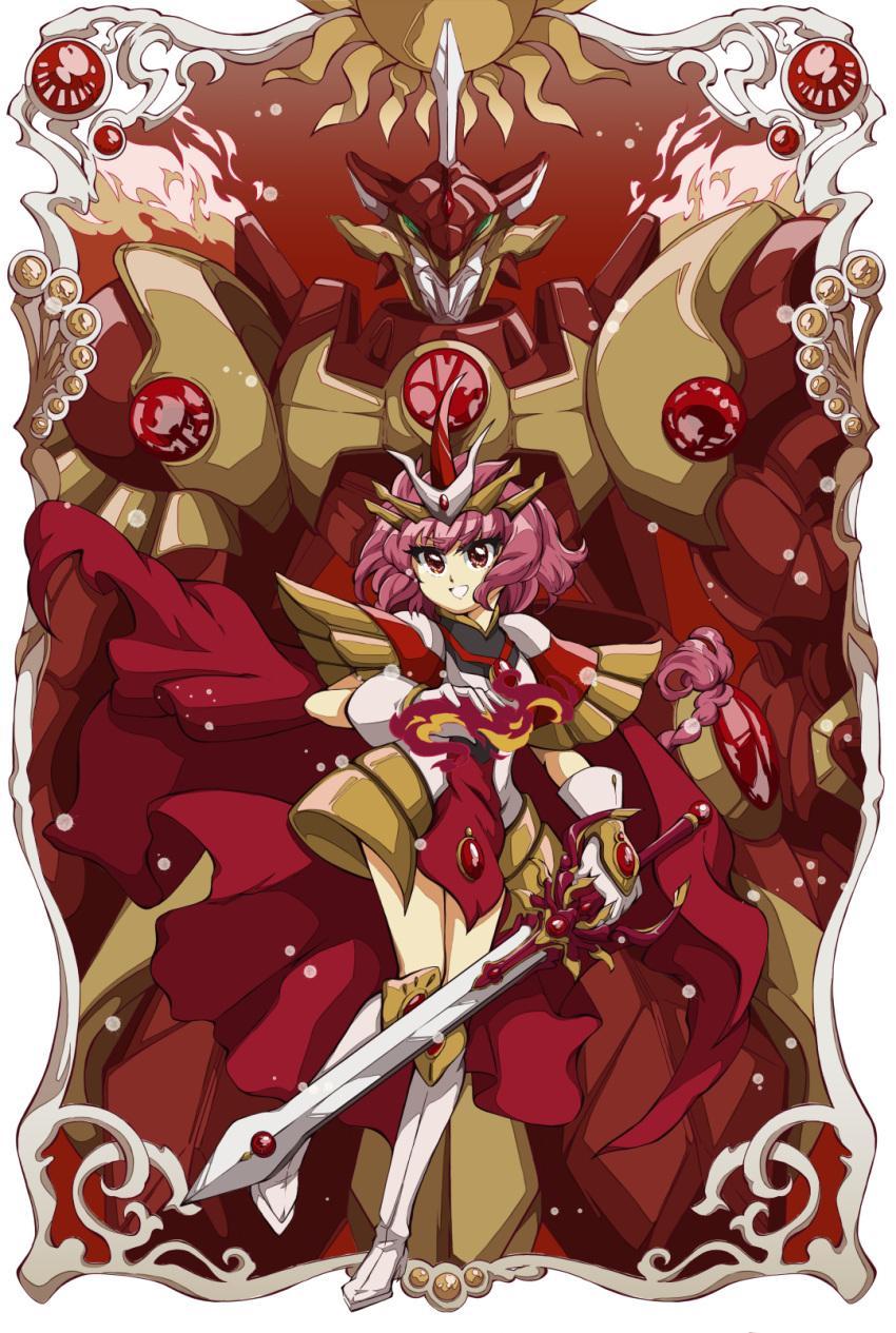 1girl :d ame_(tameste) armor armored_dress boots fire full_body gloves headpiece highres holding holding_sword holding_weapon knee_boots long_hair looking_at_viewer magic_knight_rayearth mashin mecha official_alternate_costume open_mouth pauldrons rayearth_(character) red_eyes red_theme redhead shidou_hikaru shoulder_armor smile solo sword weapon white_footwear white_gloves