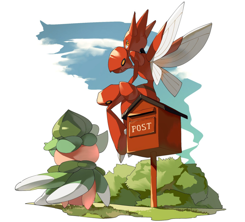 bush clouds day fomantis from_below grass highres looking_back no_humans orange_eyes outdoors pokemon pokemon_(creature) postbox_(outgoing_mail) scizor sitting sky two_pokemon
