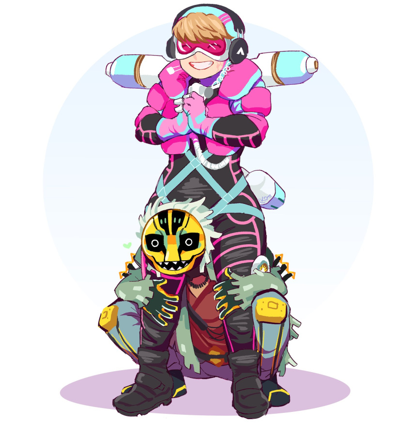 1boy 1girl ^_^ apex_legends bangs black_bodysuit black_footwear blue_pants bodysuit cable closed_eyes crypto_(apex_legends) english_commentary gloves goggles green_jacket hands_on_another's_leg highres jacket jewelry lila_(lilakeylk) mask masked_storyteller_crypto necklace official_alternate_costume own_hands_together pants pink_gloves pink_vest red_shirt shirt smile squatting vaporwave_wattson vest wattson_(apex_legends)