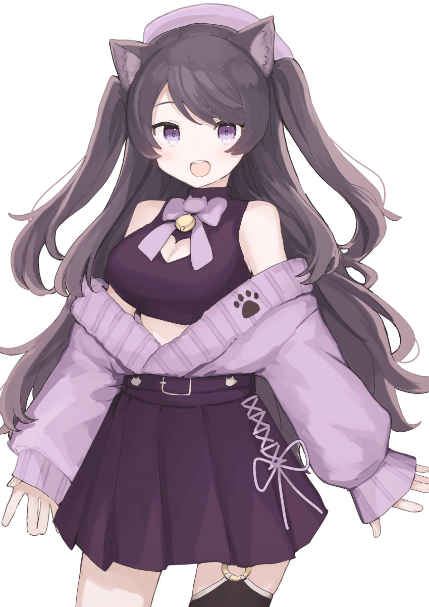 1girl absurdres animal_ear_fluff bangs beret black_hair black_skirt bow breasts cleavage_cutout clothing_cutout commission eyebrows_behind_hair hat heart_cutout highres indie_virtual_youtuber long_hair medium_breasts open_mouth purple_bow purple_headwear purple_sweater second-party_source shimotsuki_miri shiratakiseaice skeb_commission skirt smile solo sweater sweater_tucked_in two_side_up very_long_hair virtual_youtuber white_background