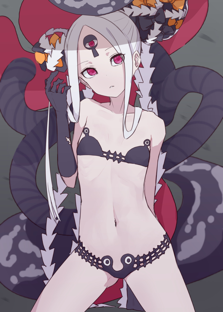 1girl abigail_williams_(fate) abigail_williams_(swimsuit_foreigner)_(fate) absurdres bangs bare_shoulders bikini black_bikini black_bow black_headwear bow breasts collarbone colored_skin double_bun fate/grand_order fate_(series) forehead grey_background hat highres keyhole kopaka_(karda_nui) long_hair micro_bikini multiple_bows navel orange_bow parted_bangs parted_lips pink_eyes red_headwear sidelocks small_breasts swimsuit tentacles thighs third_eye two-tone_headwear white_hair white_skin