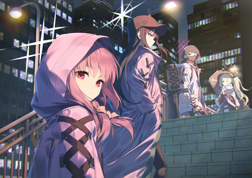4girls atsuko_(blue_archive) bangs black_hair black_legwear blue_archive blue_eyes brown_hair building city closed_mouth coat earpiece fim-92_stinger green_hair hair_ornament hairclip halo handrail hat hiyori_(blue_archive) hood hood_up hooded_jacket hoodie jacket lamppost long_hair long_sleeves looking_at_viewer mask misaki_(blue_archive) mouth_mask multiple_girls one_eye_covered pink_hair red_eyes rocket_launcher saori_(blue_archive) scarf sky stairs wasabi60 weapon white_hoodie