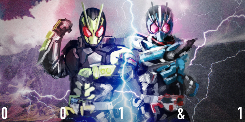 2boys absurdres antennae armor belt cycloneriser debris father_and_son forceriser henshin_pose highres kamen_rider kamen_rider:_reiwa_the_first_generation kamen_rider_01_(series) kamen_rider_type-1 kamen_rider_zero-one kamen_rider_zerozero_one lightning mask multiple_boys photoshop_(medium) pink_eyes pose progrise_key red_eyes rider_belt yygnzm