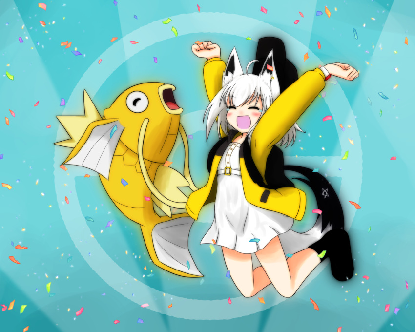 1girl ahoge alternate_color animal_ear_fluff animal_ears arms_up aryuaryuryu backpack bag bangs closed_eyes commentary_request confetti dress eyebrows_visible_through_hair fox_ears fox_girl fox_tail hair_between_eyes highres hololive jacket jumping magikarp medium_hair open_clothes open_jacket pokemon shiny_pokemon shirakami_fubuki sidelocks tail tears virtual_youtuber white_dress white_hair yellow_jacket