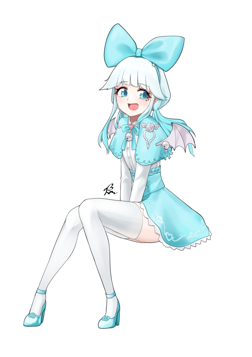 1girl :d absurdres aqua_bow aqua_dress aqua_eyes aqua_hair aqua_skirt bangs bat_wings bell between_legs blunt_bangs bow commentary_request dress dress_shirt eyebrows_visible_through_hair frilled_skirt frills full_body high_heels highres jingle_bell knees_together_feet_apart light_blue_hair lips long_sleeves looking_to_the_side multicolored_hair open_mouth original petite shirt simple_background sitting skirt smile solo ssalu streaked_hair thigh-highs two-tone_hair white_background white_legwear wings