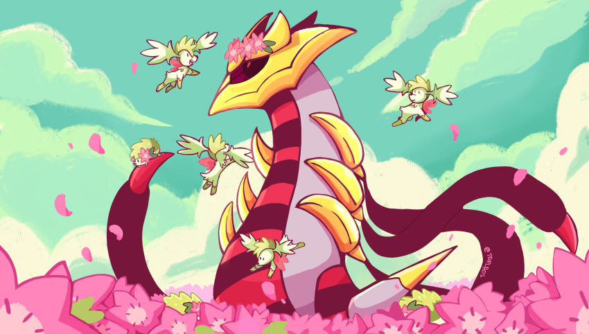 blue_sky clouds field flower flower_field flying giratina giratina_(origin) head_wreath highres horns looking_at_another no_humans petals pokemon pokemon_(creature) shaymin shaymin_(land) shaymin_(sky) sky smile taplaos tentacles