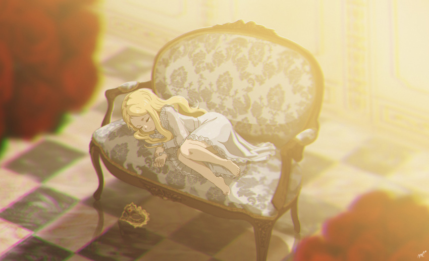 1girl absurdres barefoot blonde_hair closed_eyes commentary_request couch dress eye_mask feet highres indoors long_hair lying mask mask_removed okazaki-tomo on_side original sleeping solo toes white_dress