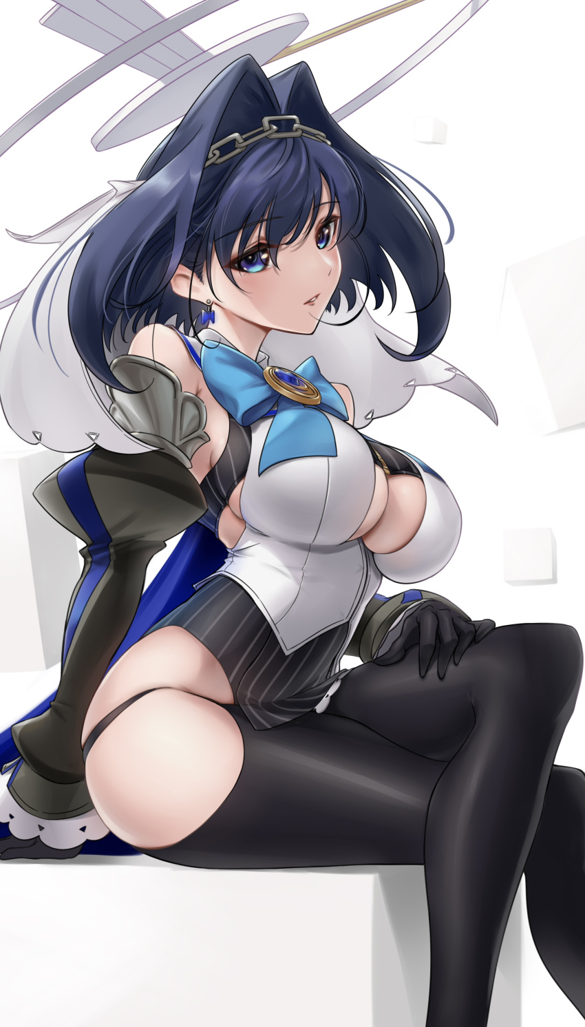 1girl absurdres bangs bare_shoulders black_legwear blue_hair blush bow bow_earrings breasts chain cleavage_cutout clothing_cutout earrings hair_intakes halo head_chain headband highres hololive hololive_english jewelry large_breasts looking_at_viewer mechanical_halo ouro_kronii shirt short_hair sleeveless sleeveless_shirt solo somebody_(leiking00) thigh-highs thighs under_boob veil virtual_youtuber