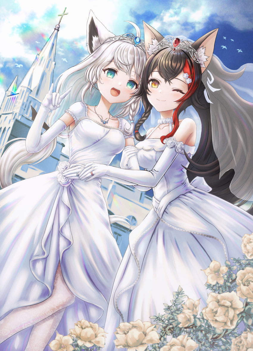 2girls absurdres ahoge animal_ear_fluff animal_ears bangs bare_shoulders black_hair braid breasts church clouds cloudy_sky collarbone commentary_request dress elbow_gloves eyebrows_visible_through_hair flower_request fox_ears fox_girl fox_shadow_puppet gloves green_eyes hair_between_eyes hair_ornament hairclip highres holding_another's_arm hololive jewelry lace long_hair looking_at_viewer medium_breasts multicolored_hair multiple_girls necklace one_eye_closed ookami_mio open_mouth outdoors redhead revision ring shirakami_fubuki sidelocks single_braid sky small_breasts smile streaked_hair tiara veil virtual_youtuber wajuniorbox wedding_band wedding_dress white_dress white_gloves white_hair white_legwear wife_and_wife wolf_ears wolf_girl yellow_eyes yuri
